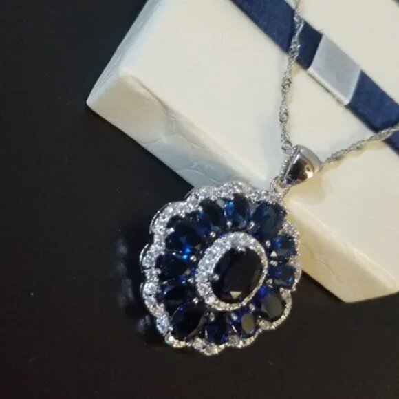 Swarovski Elegant Blue Crystal Floral Chandelier Women's Necklace - Picture 3 of 8